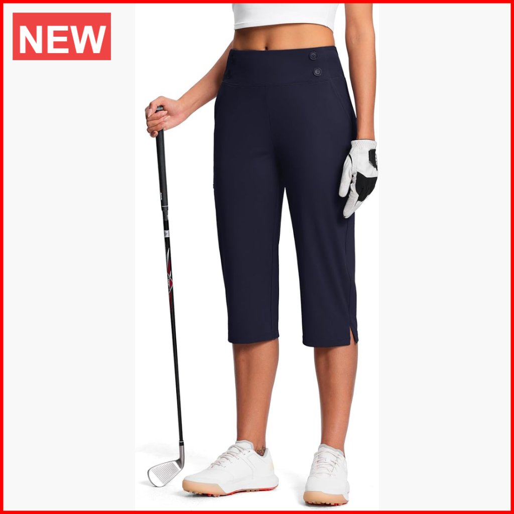 High Waist Stretch Polyester-Spandex Capri Pants With Pockets